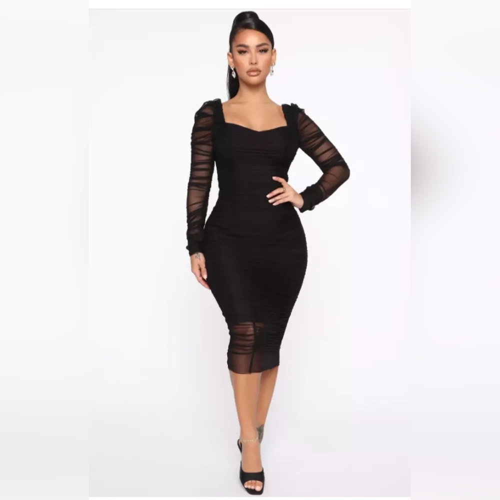 Women's Black Ruched Midi Dress